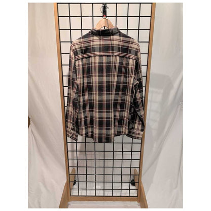 Back view of the Prana Mens Westbrook Flannel Shirt-SAMPLE in Deep Vino hanging on a grid display against a white backdrop.