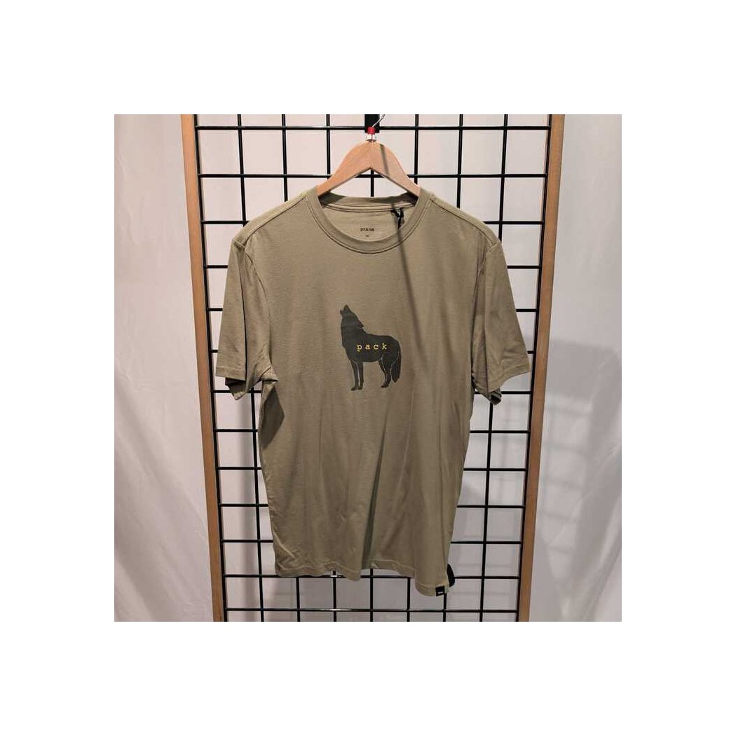 Heather Grey Prana Mens Wolf Pack Journeyman SS Tee-SAMPLE hangs on a wooden hanger against a grid display.