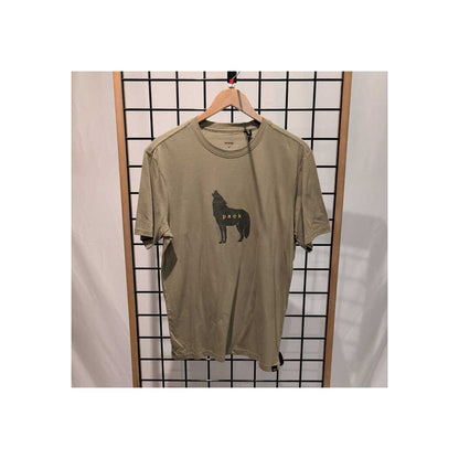 Heather Grey Prana Mens Wolf Pack Journeyman SS Tee-SAMPLE hangs on a wooden hanger against a grid display.