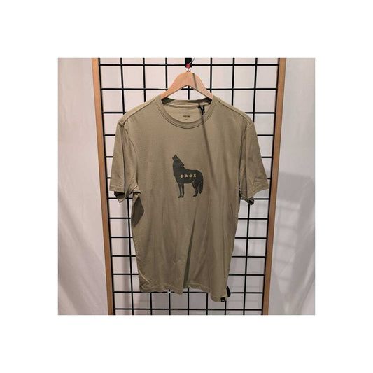 Heather Grey Prana Mens Wolf Pack Journeyman SS Tee-SAMPLE hangs on a wooden hanger against a grid display.