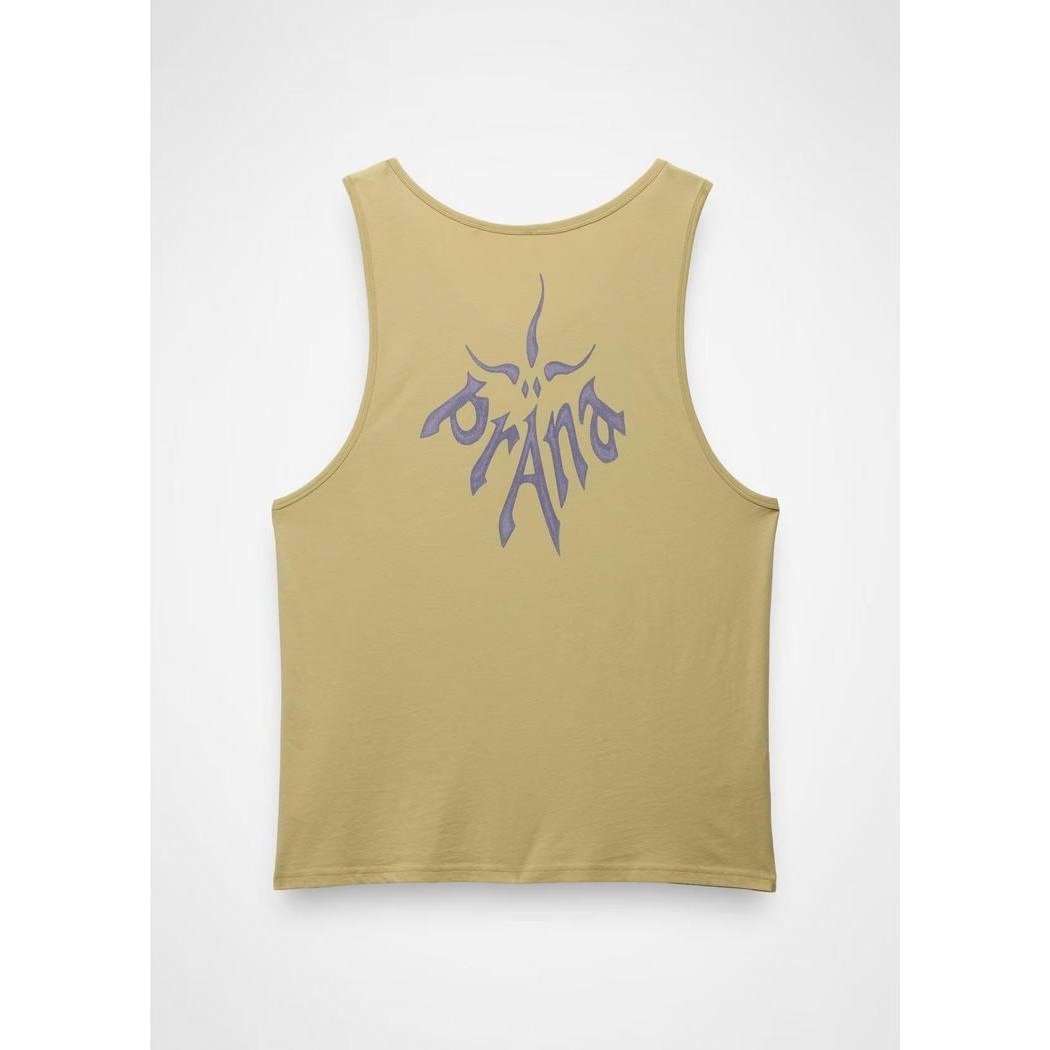 Back view of the Prana Sample - Men's Heritage Graphic Tank in Jackfruit showing the graphic on the back against a white background.