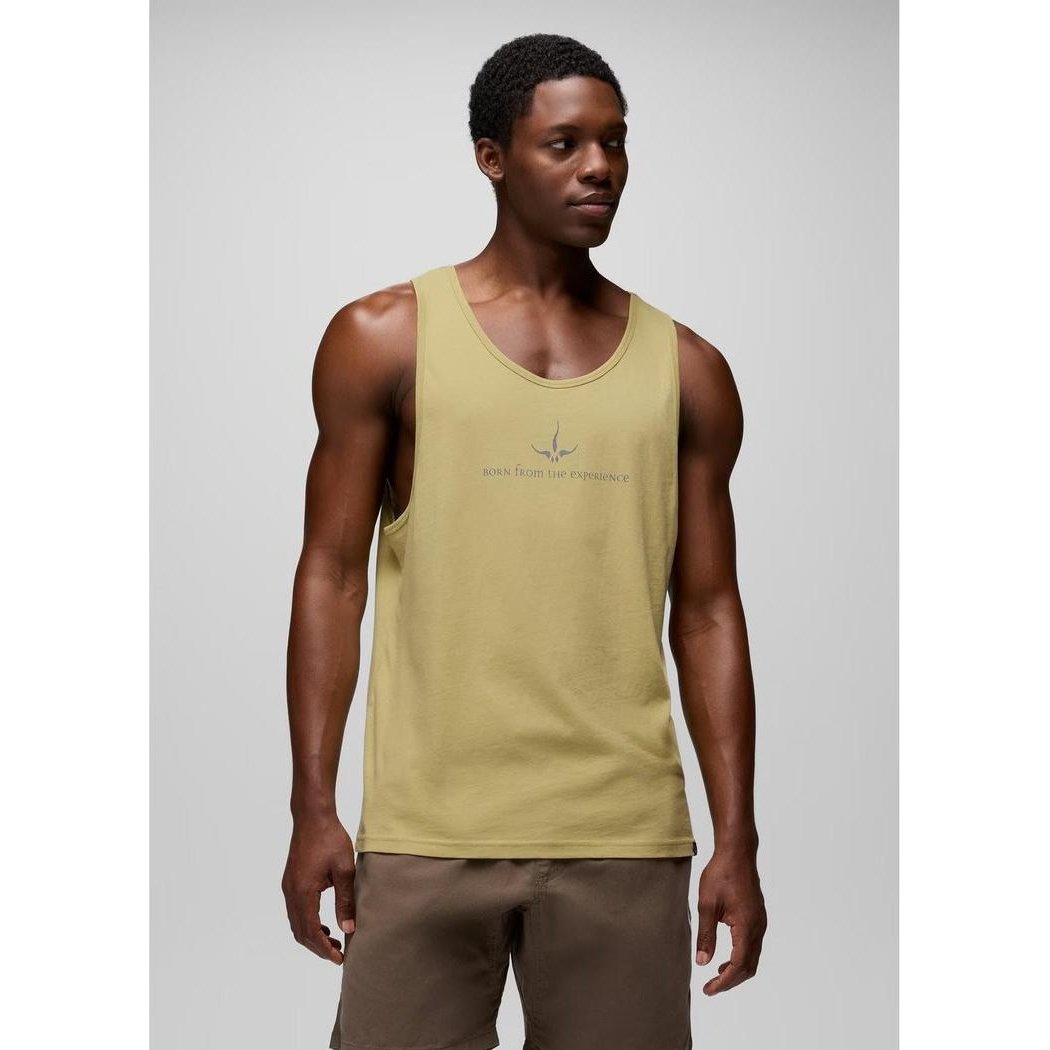 A front view of the Prana Sample - Men's Heritage Graphic Tank in Jackfruit on a model against a light gray background.