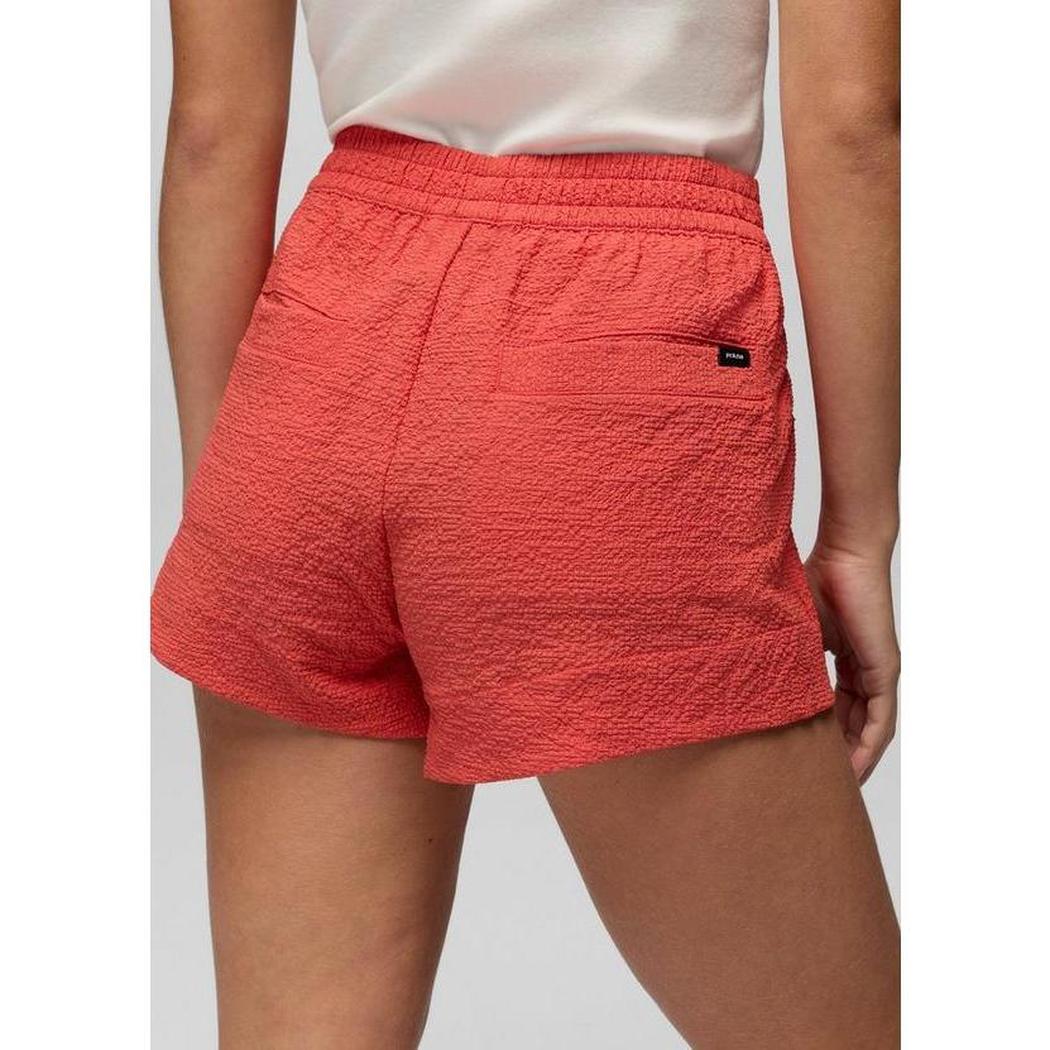 Back view of the Prana Sample - Women's Coastal Sol Short in Lychee showing the elastic waistband and back pocket against a plain background.