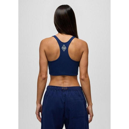 Back view of the Prana Sample - Women's Tornado Bra in Capulet Blue on a model against a plain background.