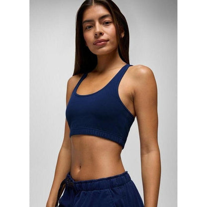 A front view of the Prana Sample - Women's Tornado Bra in Capulet Blue on a model with a light gray background.