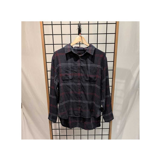 Front view of the Prana Womens Cabin Core Flannel-SAMPLE in Nautical hanging on a wooden hanger against a grid background.