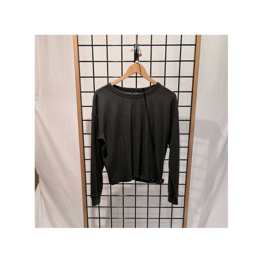 Front view of the Prana Womens Cozy Up LS Crew-SAMPLE in Nori hanging on a wooden hanger against a grid background.
