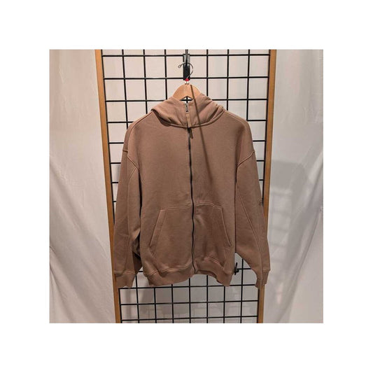 Front view of the Prana Womens DreamFleece Full Zip-SAMPLE in Shroom hanging on a grid display with a wooden frame.
