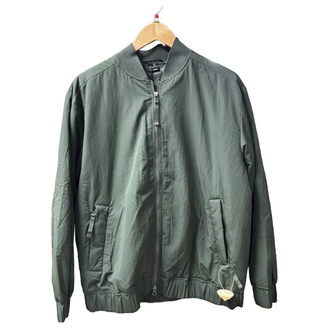 Front view of the Prana Womens Encinitas Bomber Jacket-SAMPLE in Nori hanging on a wooden hanger against a white background.