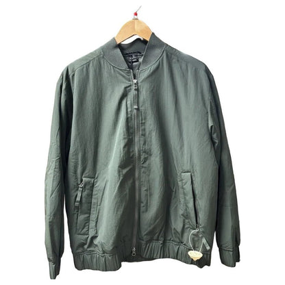 Front view of the Prana Womens Encinitas Bomber Jacket-SAMPLE in Nori hanging on a wooden hanger against a white background.