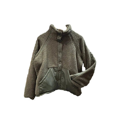 Front view of the Prana Womens Encinitas Sherpa Jacket-SAMPLE in Nori with a button closure and large front pocket against a white background.