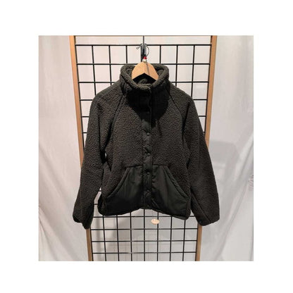 Front view of the Prana Womens Encinitas Sherpa Jacket-SAMPLE in Nori hanging on a wooden hanger against a grid background.