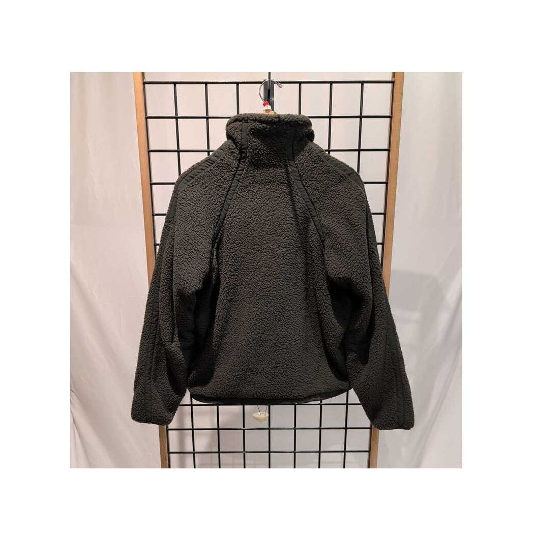 Front view of the Prana Womens Encinitas Sherpa Jacket-SAMPLE in Nori hanging on a grid display with a white backdrop.