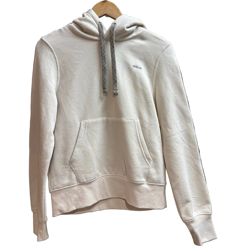 Front view of the Prana Womens Everyday Hoodie-SAMPLE in Canvas with a kangaroo pocket and gray drawstrings on a wooden hanger.
