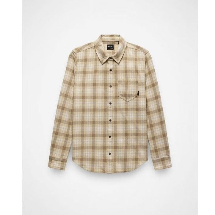 Front view of the Prana Womens Golden Canyon Flannel-SAMPLE in Stone showing the plaid pattern and chest pocket against a white background.
