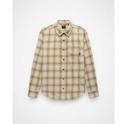 Front view of the Prana Womens Golden Canyon Flannel-SAMPLE in Stone showing the plaid pattern and chest pocket against a white background.