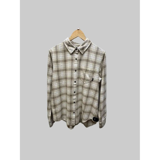 Front view of the Prana Womens Golden Canyon Flannel-SAMPLE in Stone hanging on a wooden hanger against a gray background.