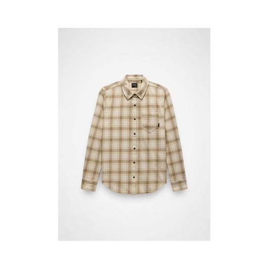 Front view of the Prana Womens Golden Canyon Flannel-SAMPLE in Stone with a plaid pattern and button-down collar against a white background.