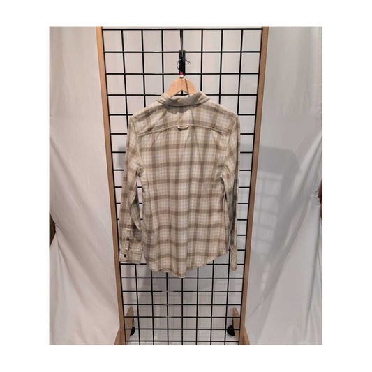 Back view of the Prana Womens Golden Canyon Flannel-SAMPLE in Stone hanging on a grid display with white drapes.
