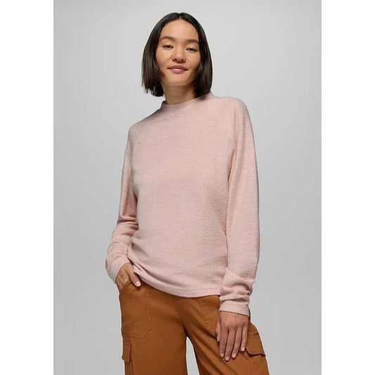 A front view of the Prana Women's Heritage Snug Bug Crew in Hush color on a model wearing cargo pants against a light gray background.
