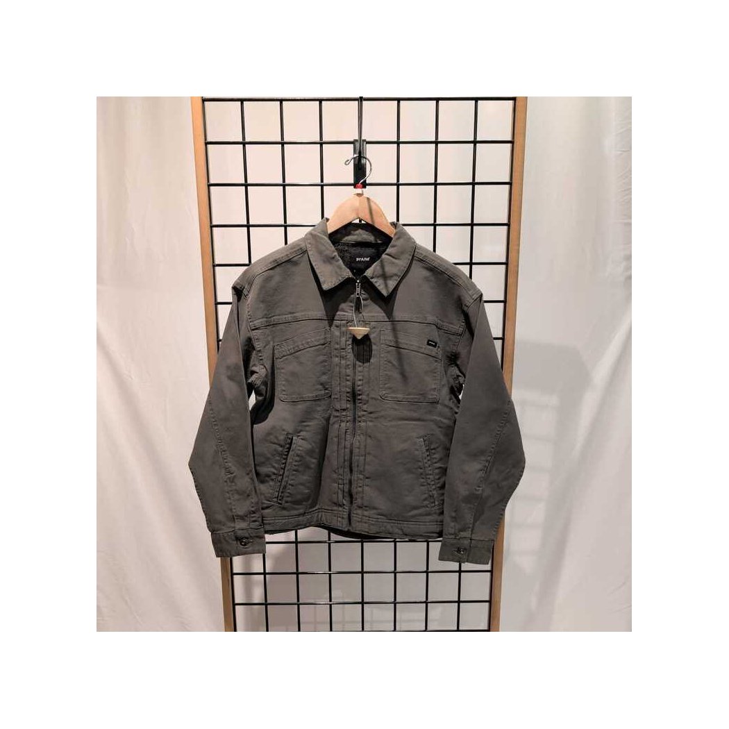 Front view of the Prana Womens Rock Ridge Jacket-SAMPLE in Thyme hanging on a wooden hanger against a grid background.