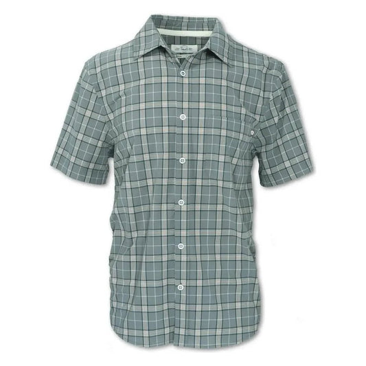A front view of the Purnell Men's 4-Way Quick Dry Stretch Olive Shirt with a plaid pattern and white buttons against a white background.
