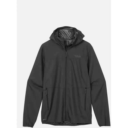 A front view of the Rab Men's Windgather Hoody in Black with a hood and zippered pockets against a plain background.
