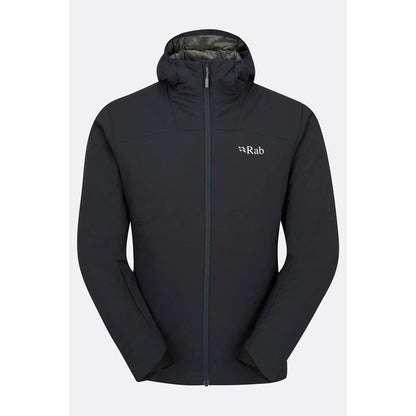 A front view of the Rab Men's Xenair Alpine Light Jacket in Black with a hood and zip closure against a plain background.