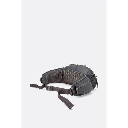 A charcoal Rab Protium 6 waist pack with mesh lining and adjustable straps displayed against a plain white background.