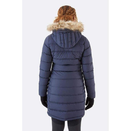 Back view of the Rab Women's Deep Cover Parka in Army showing the fur-lined hood and black gloves against a white background.