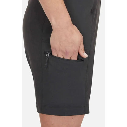 Side view of the Rab Women's Incline Light Shorts in Anthracite showing the zippered pocket and model hand against a white background.