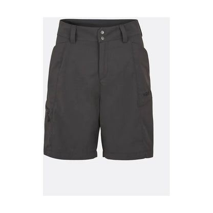 Side view of the Rab Women's Incline Light Shorts in Anthracite showing the front pockets and button closure against a white background.