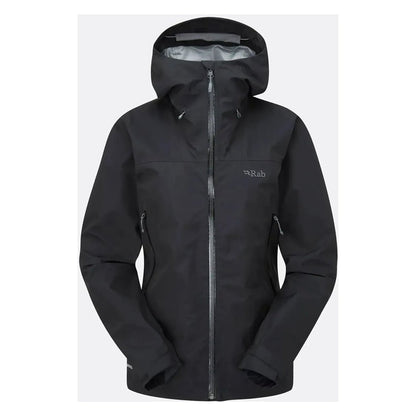 A front view of the Rab Women's Namche GTX Jacket in Black with a hood and zipper, against a plain white background.