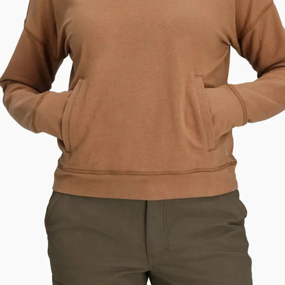A front view of the Royal Robbins Women's Avonelle Sweatshirt in Tawny with pockets and a white background.