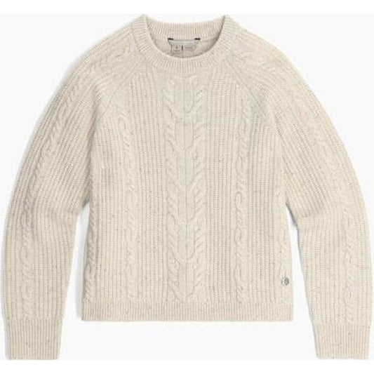 A front view of the Royal Robbins Women's Rockcraft Cable Crew in Soapstone Htr showing the cable knit pattern and a small logo on the sleeve against a white background.