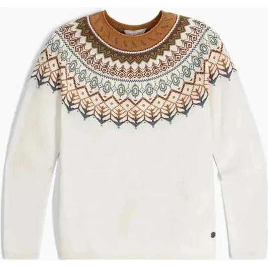 A front view of the Royal Robbins Women's Westlands Fairisle Crew in Chalk Htr Monarch Pt showing the patterned yoke and a small brand tag on the lower right sleeve against a white background.