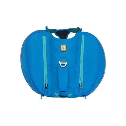 A blue Ruffwear Approach Pack with light blue zippers and a metal buckle, photographed from the front against a white background.