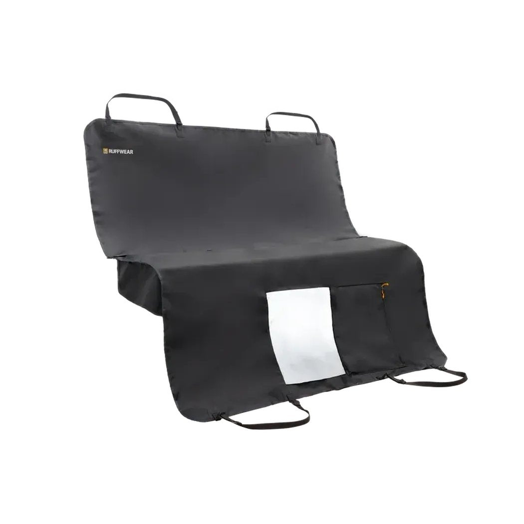 A front view of the Ruffwear Dirtbag Seat Cover in Basalt Gray showing the mesh window and zippered pocket against a white background.