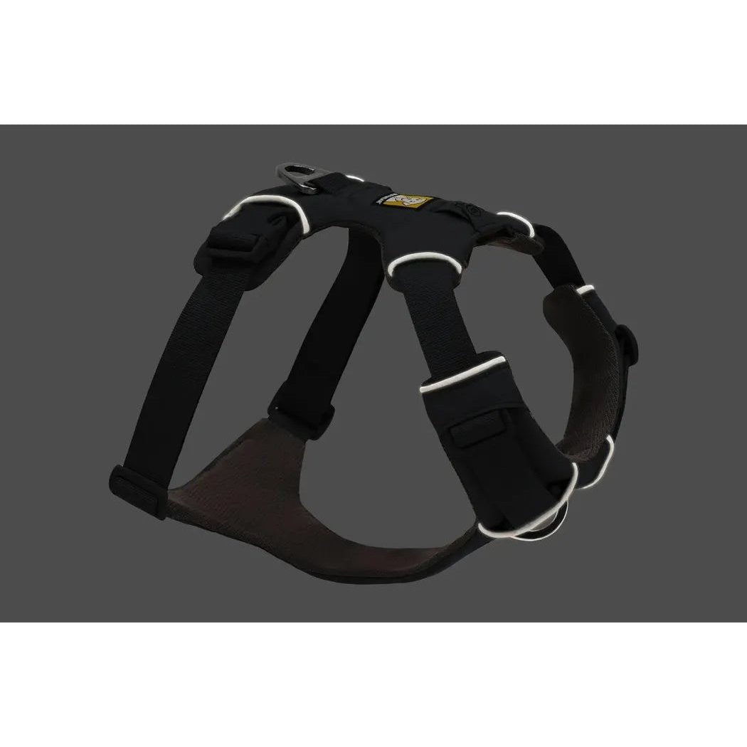 Side view of the Ruffwear Front Range Harness in Coastal Mountains showing the padded chest and silver accents against a dark gray background.