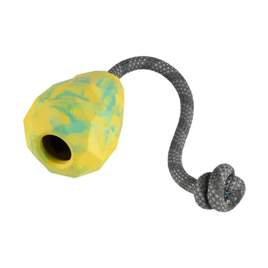 A side view of the Ruffwear Huck-a-cone Toy in Blue Pool showing the rope attachment and knot against a white background.