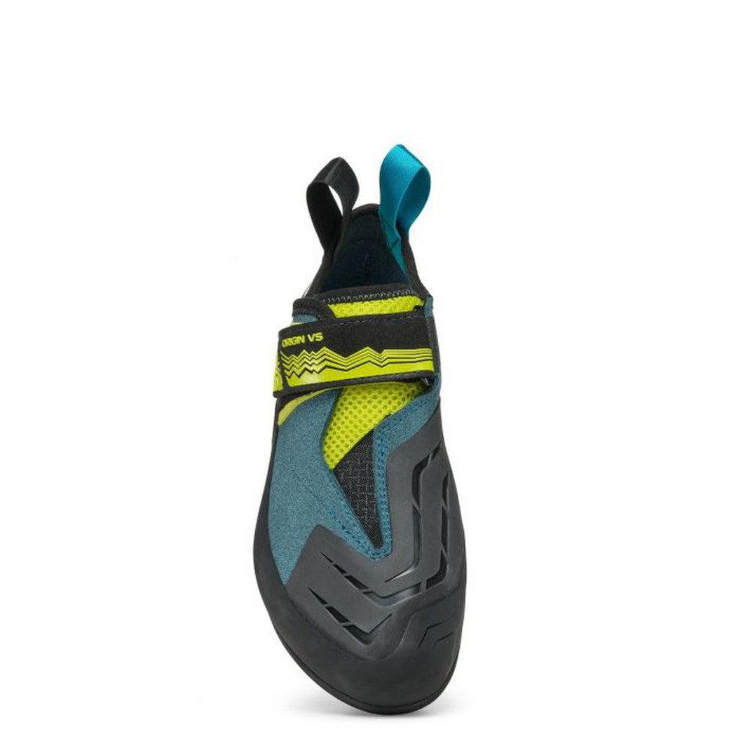 Back view of the Scarpa Origin VS climbing shoe in Petrol/Lime with a hook and strap, against a white background.