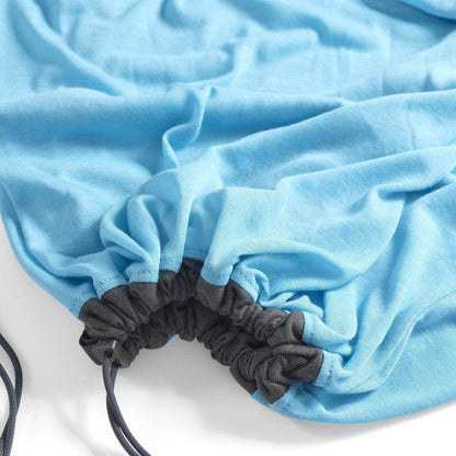 A close-up of the Sea To Summit Breeze Sleeping Bag Liner in Blue Atoll showing the elasticated charcoal drawstring cuff and black drawstrings against a white background.