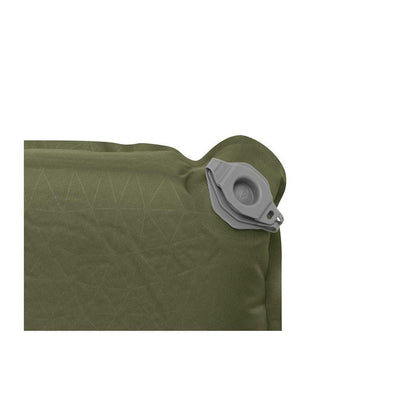 A close-up of the Sea To Summit Camp Plus Self-Inflating Sleeping Mat in olive green showing the inflation valve against a white background.