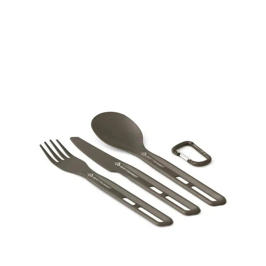 A top-down view of the Sea To Summit Frontier UL Cutlery Set - [3 Piece] Fork, Spoon and Knife with a carabiner on a white background.