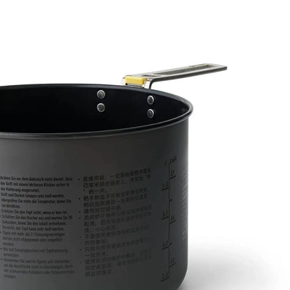 A close-up of the Sea To Summit Frontier UL Pot - 1.3L in Black showing the handle and measurement markings on the side.