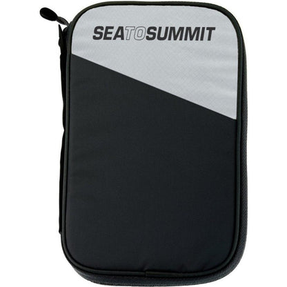A front view of the Sea To Summit RFID Travel Wallet in High Rise Grey with a black lower half and a grey upper half.