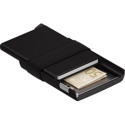 Side view of the SECRID Cardslide Wallet in Black showing the elastic closure and a 50 euro bill inside against a white background.