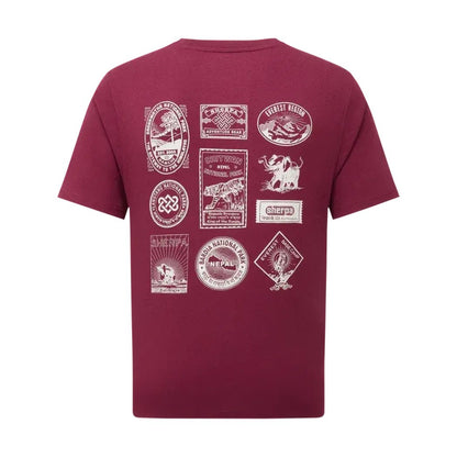 Back view of the Sherpa Adventure Gear Men's Jutnu Badge Tee in Wine showing various white badges on the back against a white background.