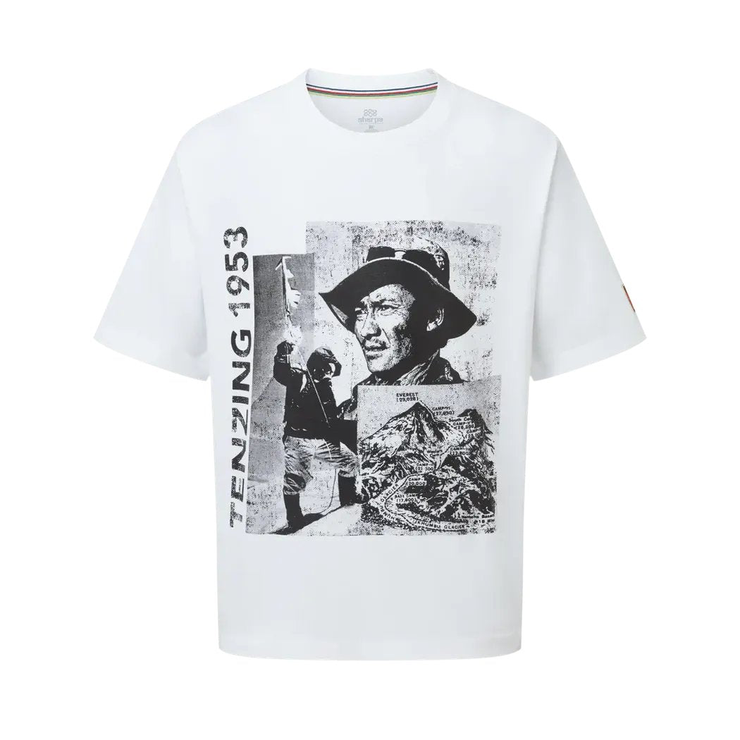 A front view of the Sherpa Adventure Gear Men's Tenzing Tee in Katha White showing the graphic print and short sleeves.