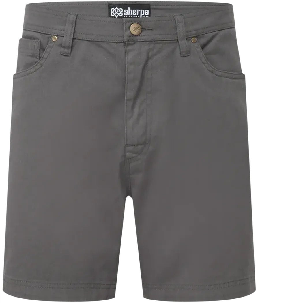 Front view of the Sherpa Adventure Gear Sample - Men's Dando 5 Pocket Short in Evergreen color showing the front pockets and button closure against a white background.